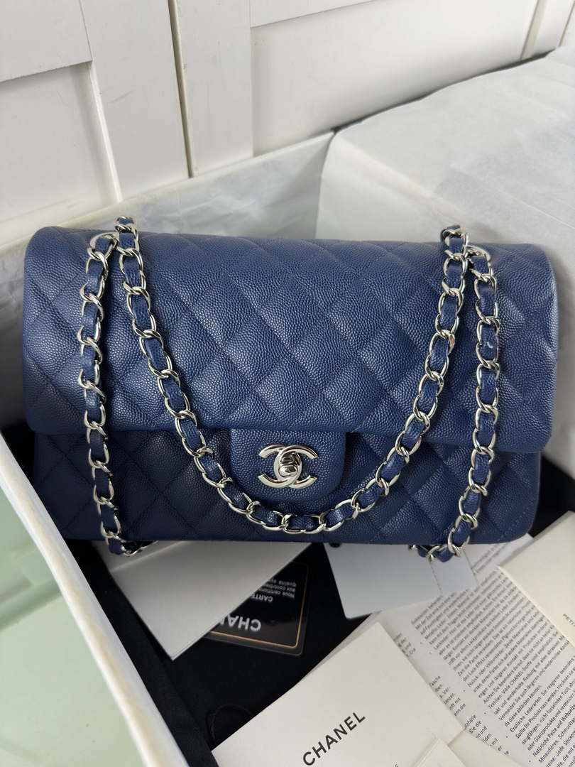 Chanel A01112 Flap Classic 11.12 Handbag Calfskin Silver Dark Blue