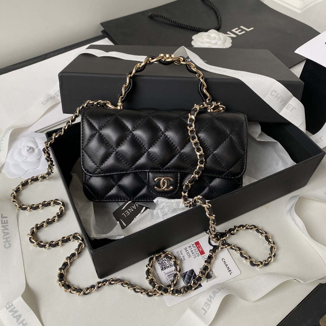 Chanel AP3226 Phone Holder with Chain CC Lambskin Black