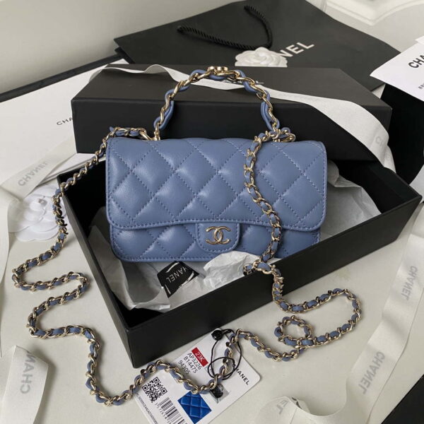 Chanel AP3226 Phone Holder with Chain CC Lambskin Blue