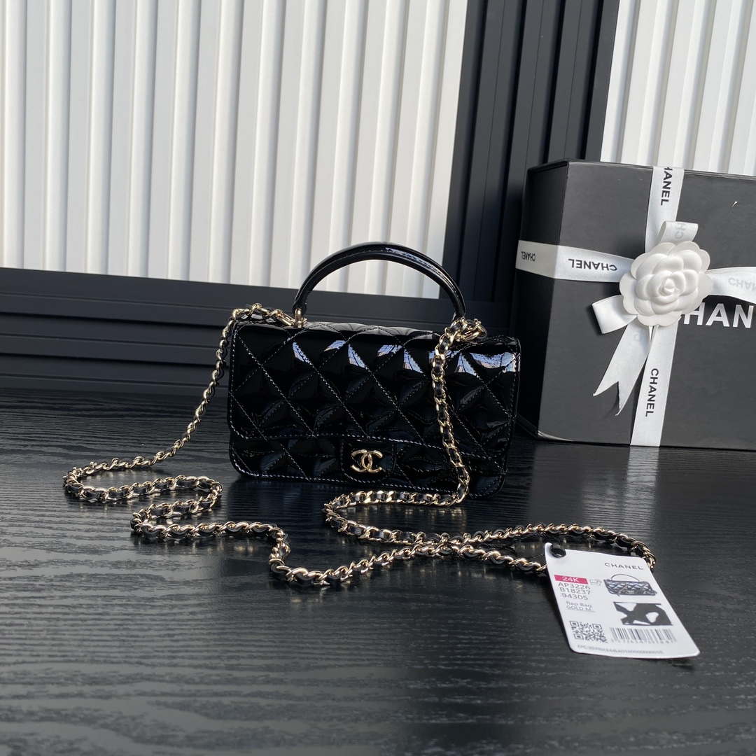 Chanel AP3226 Phone Holder with Chain Patent Calfskin Black