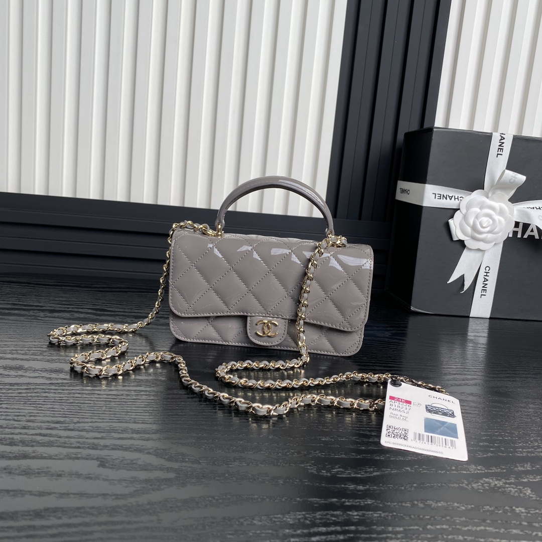 Chanel AP3226 Phone Holder with Chain Patent Calfskin Gray