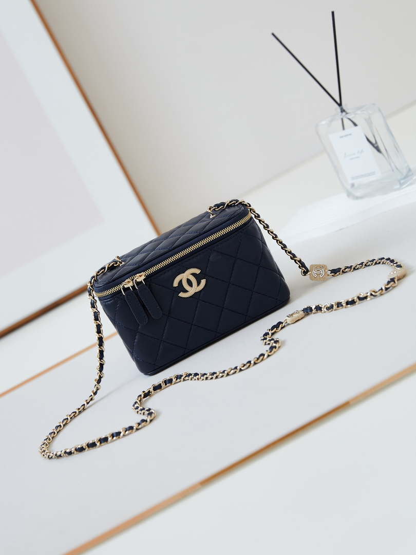 Chanel AP4301 Clutch Embossed Rhinestone Vanity Box Bag Dark Blue