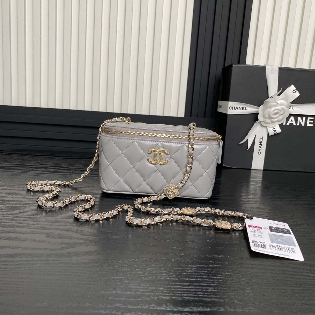 Chanel AP4301 Clutch Embossed Rhinestone Vanity Box Bag Gray