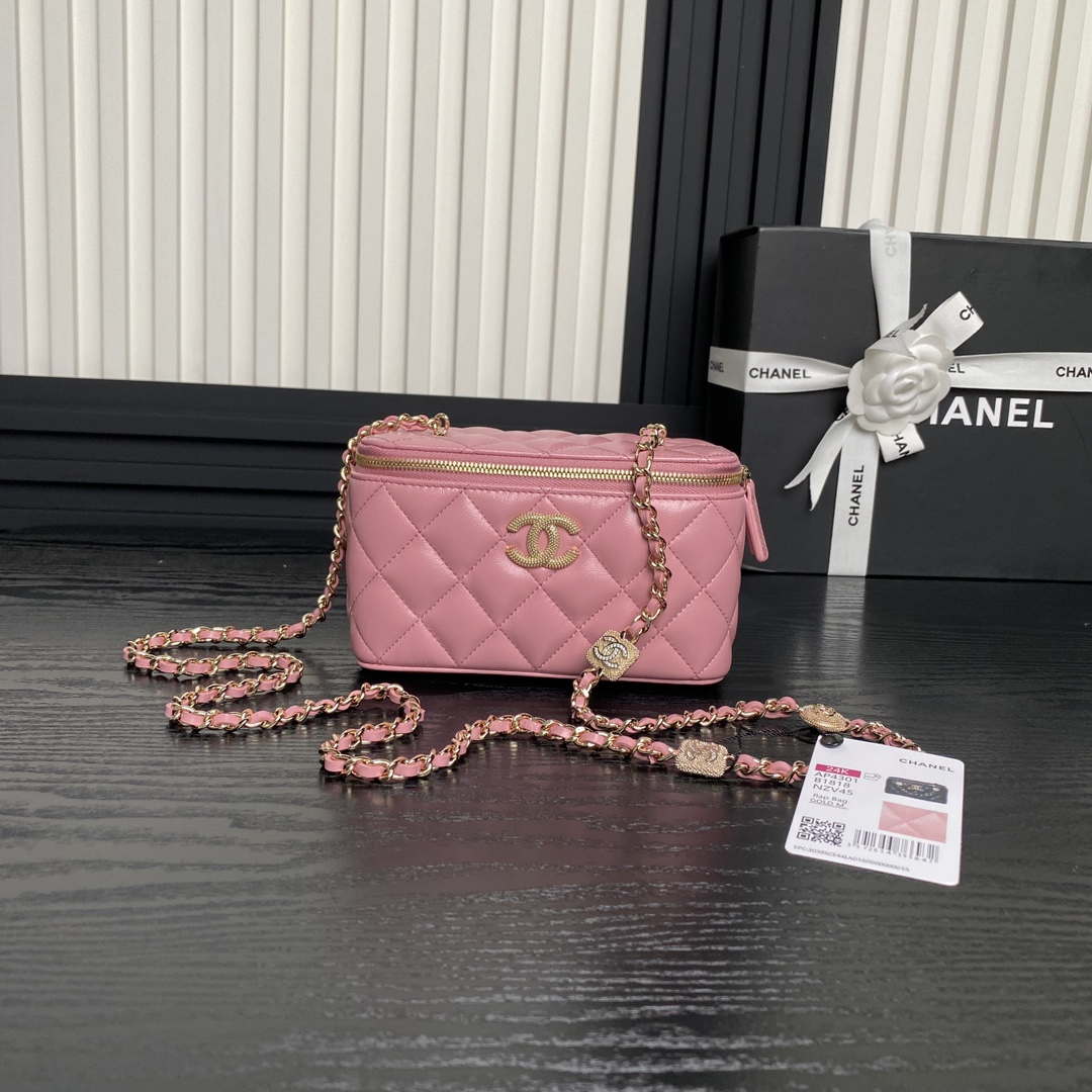 Chanel AP4301 Clutch Embossed Rhinestone Vanity Box Bag Pink