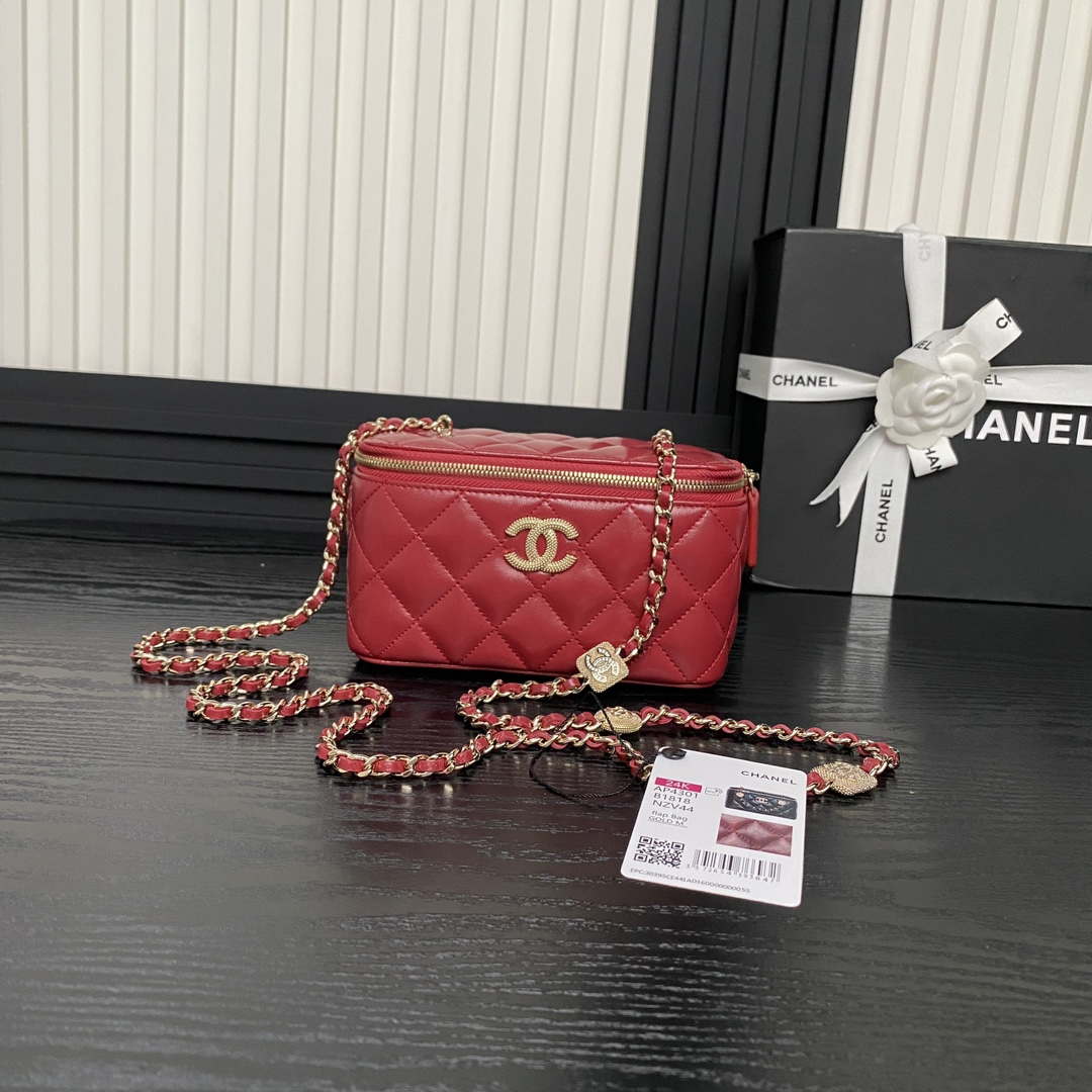 Chanel AP4301 Clutch Embossed Rhinestone Vanity Box Bag Red