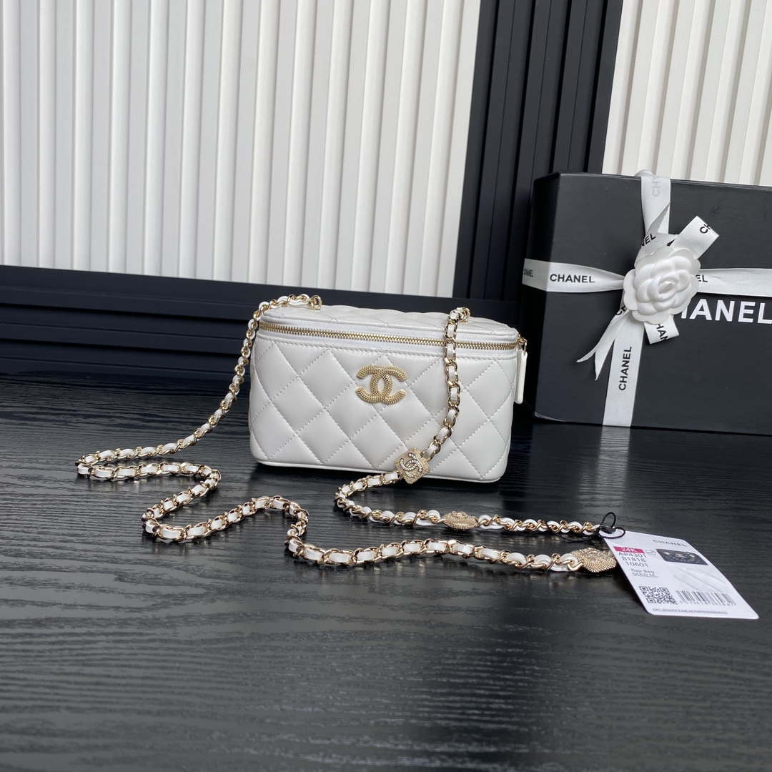 Chanel AP4301 Clutch Embossed Rhinestone Vanity Box Bag White