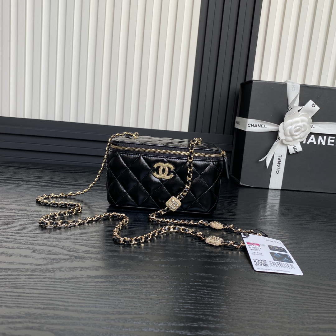 Chanel AP4301 Clutch Embossed Rhinestone with Chain Vanity Box Bag Black