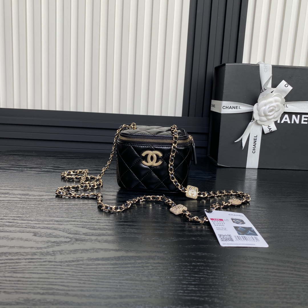 Chanel AP4302 Mini Clutch Embossed Rhinestone Vanity Box Bag Black