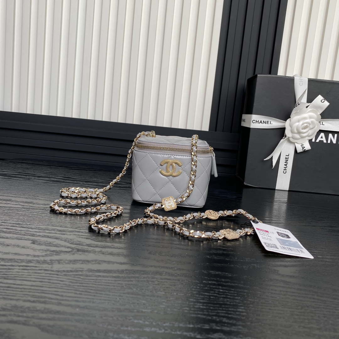 Chanel AP4302 Mini Clutch Embossed Rhinestone Vanity Box Bag Gray