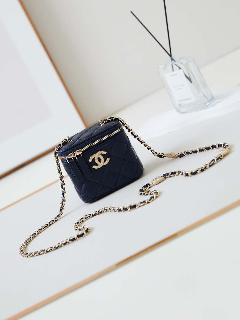 Chanel AP4302 Mini Clutch Embossed Rhinestone Vanity Box Bag Navy Blue