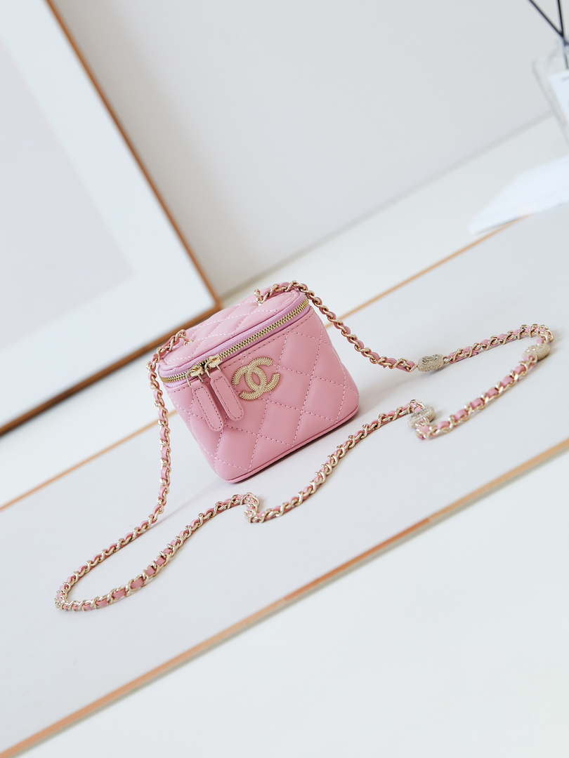 Chanel AP4302 Mini Clutch Embossed Rhinestone Vanity Box Bag Pink