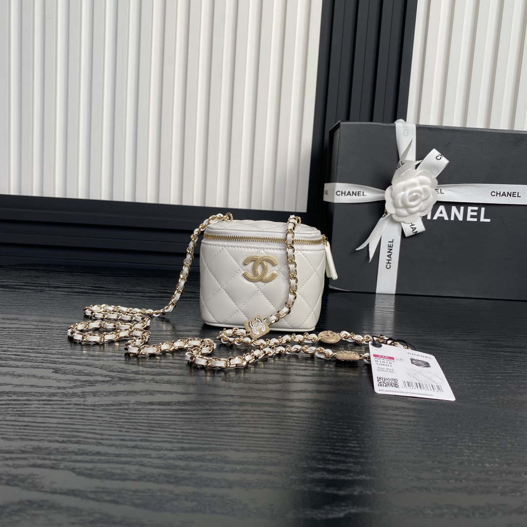 Chanel AP4302 Mini Clutch Embossed Rhinestone Vanity Box Bag White