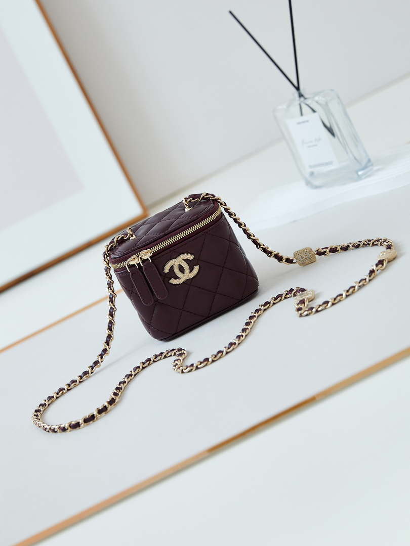 Chanel AP4302 Mini Clutch Embossed Rhinestone Vanity Box Bag Wine Red