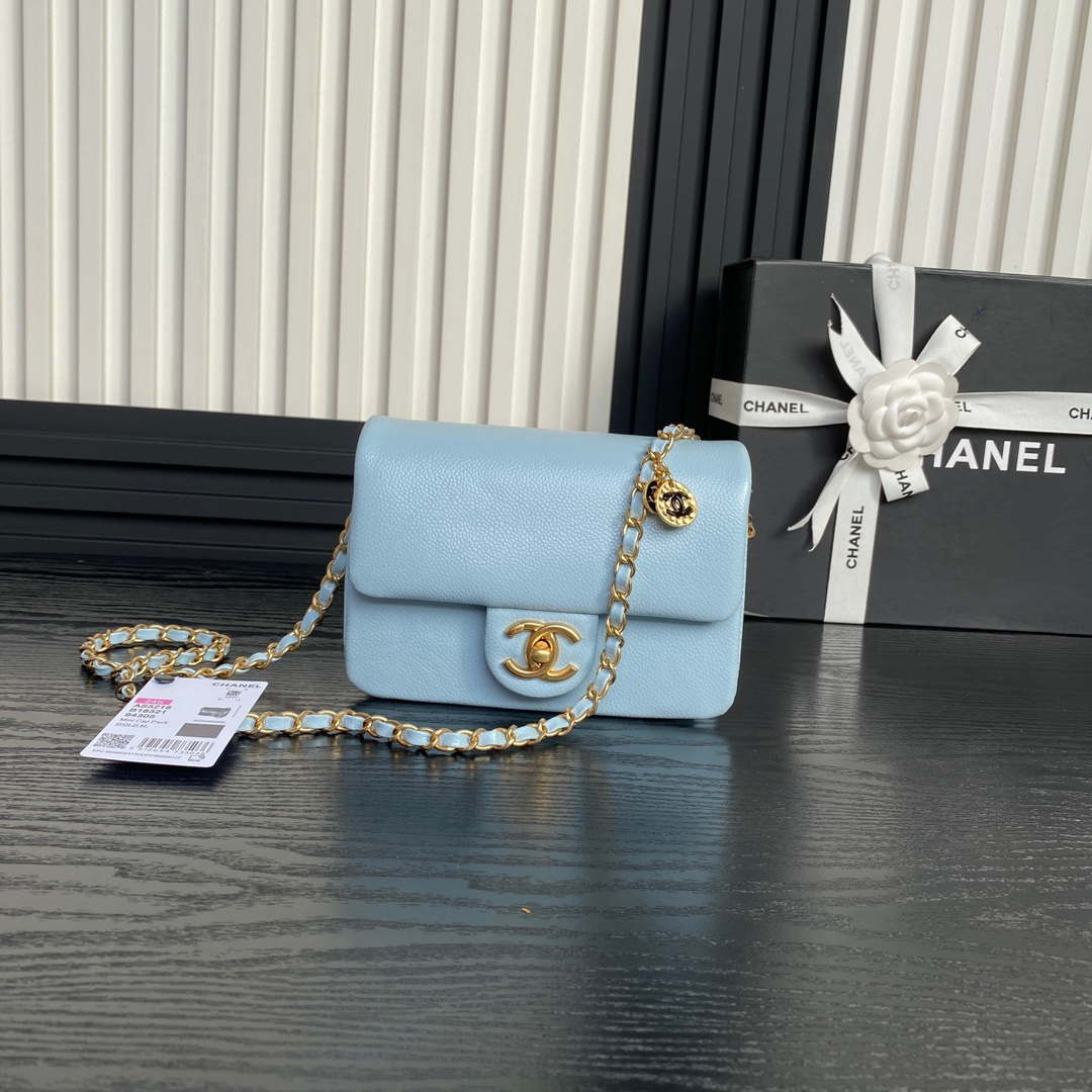 Chanel AS5218 Mini Flap Bag Grained Shiny Calfskin Light Blue