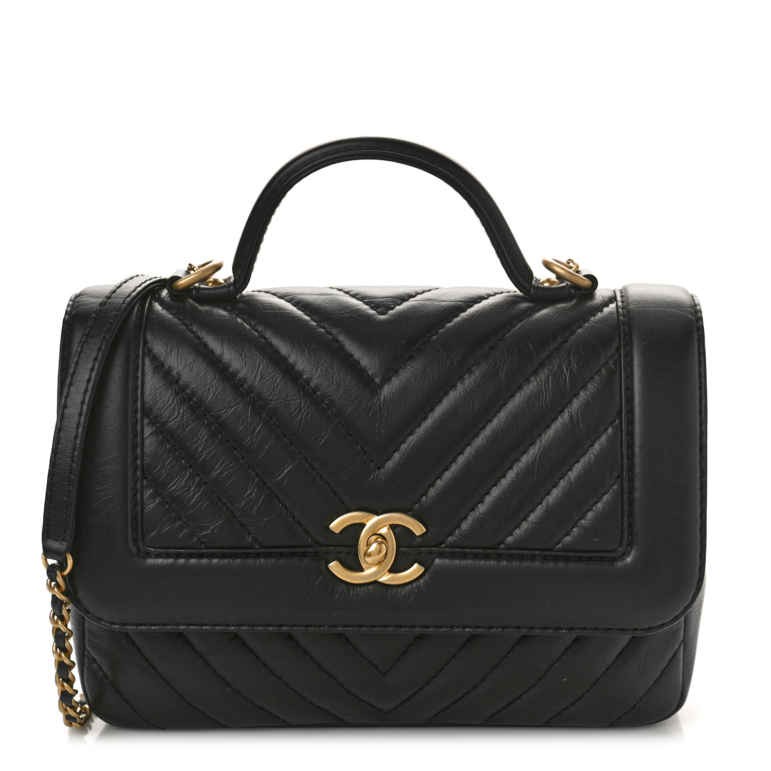 Chanel Calfskin Chevron Top Handle Flap Black