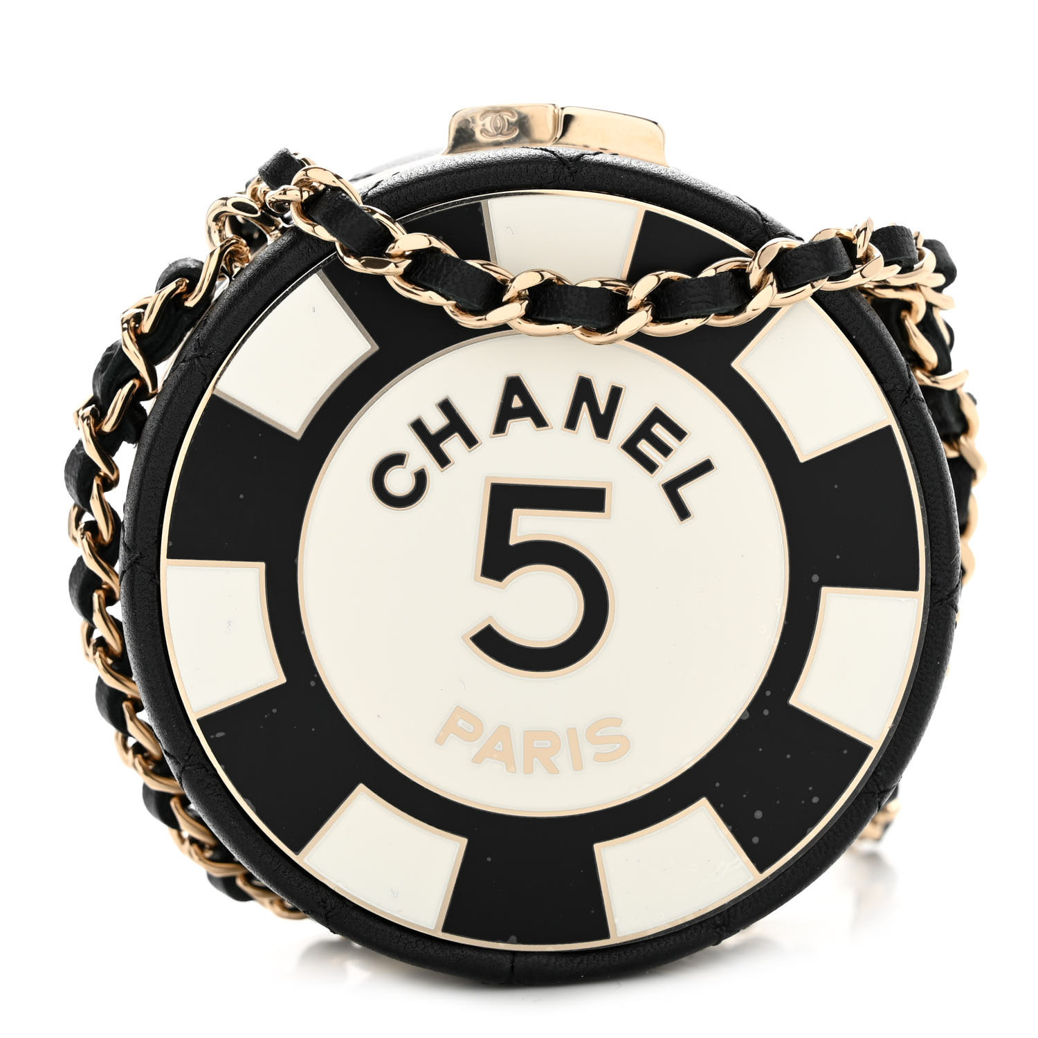 Chanel Round Poker Chip Clutch With Chain Black White