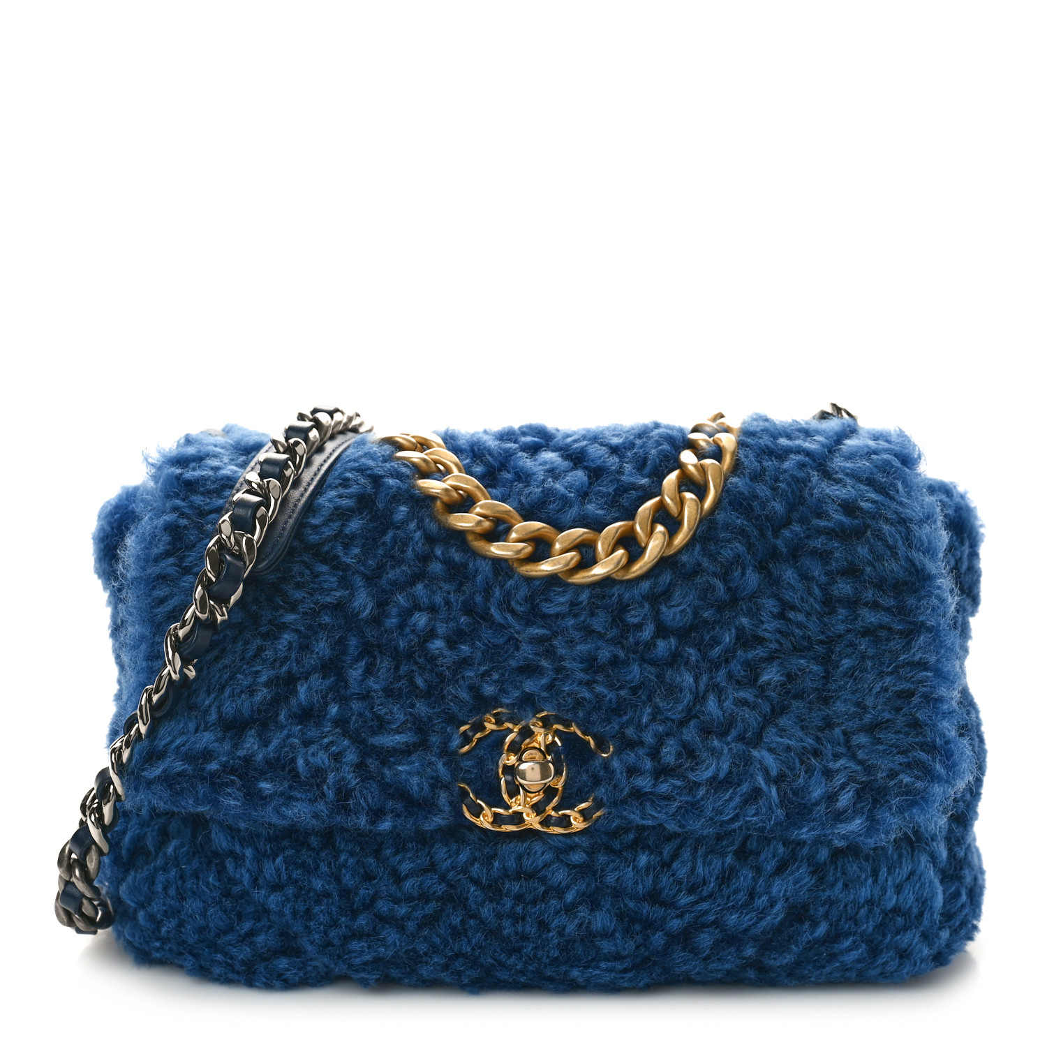 Chanel Shearling Sheepskin Medium Chanel 19 Flap Blue