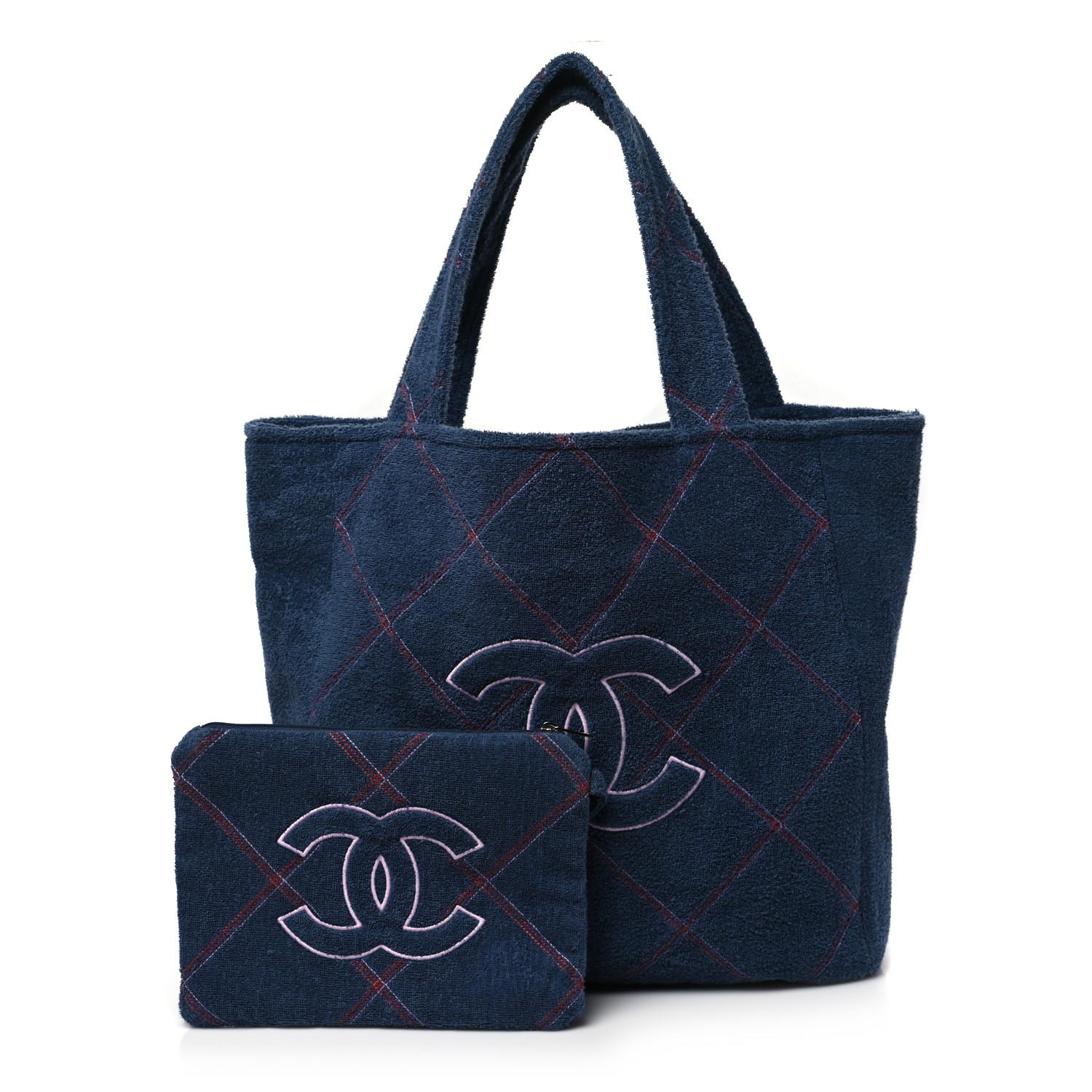 Chanel Terry Cotton CC Beach Tote Towel Set Blue Pink