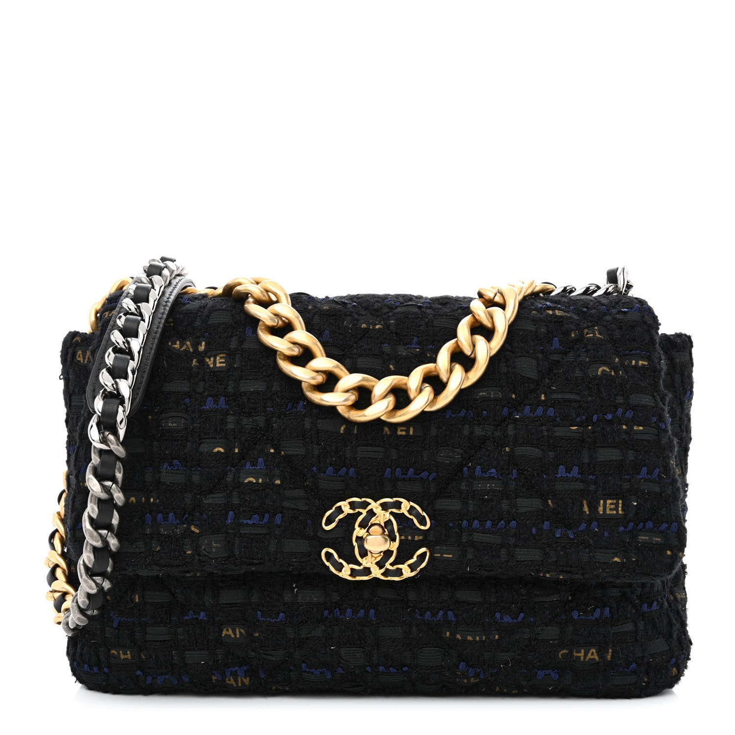 Chanel Tweed Large Chanel 19 Flap Black Navy Gold