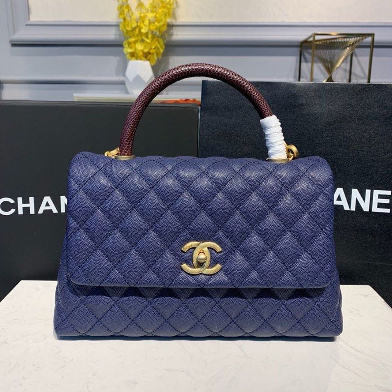 Chanel A92991 Large Flap Bag With Top Handle Blue For Women