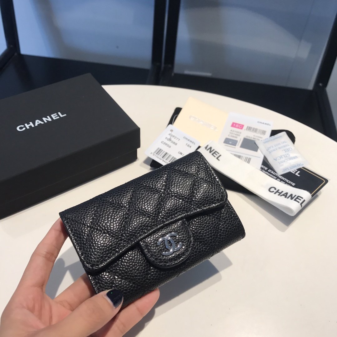 Chanel Classic Card Holder Silver Hardware Black For Women